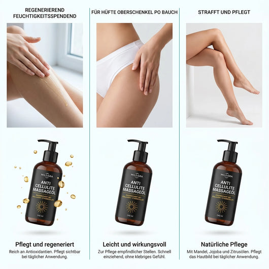 Mildara Anti-Cellulite Massageöl Vorteile, 3-Panel Anwendungsübersicht